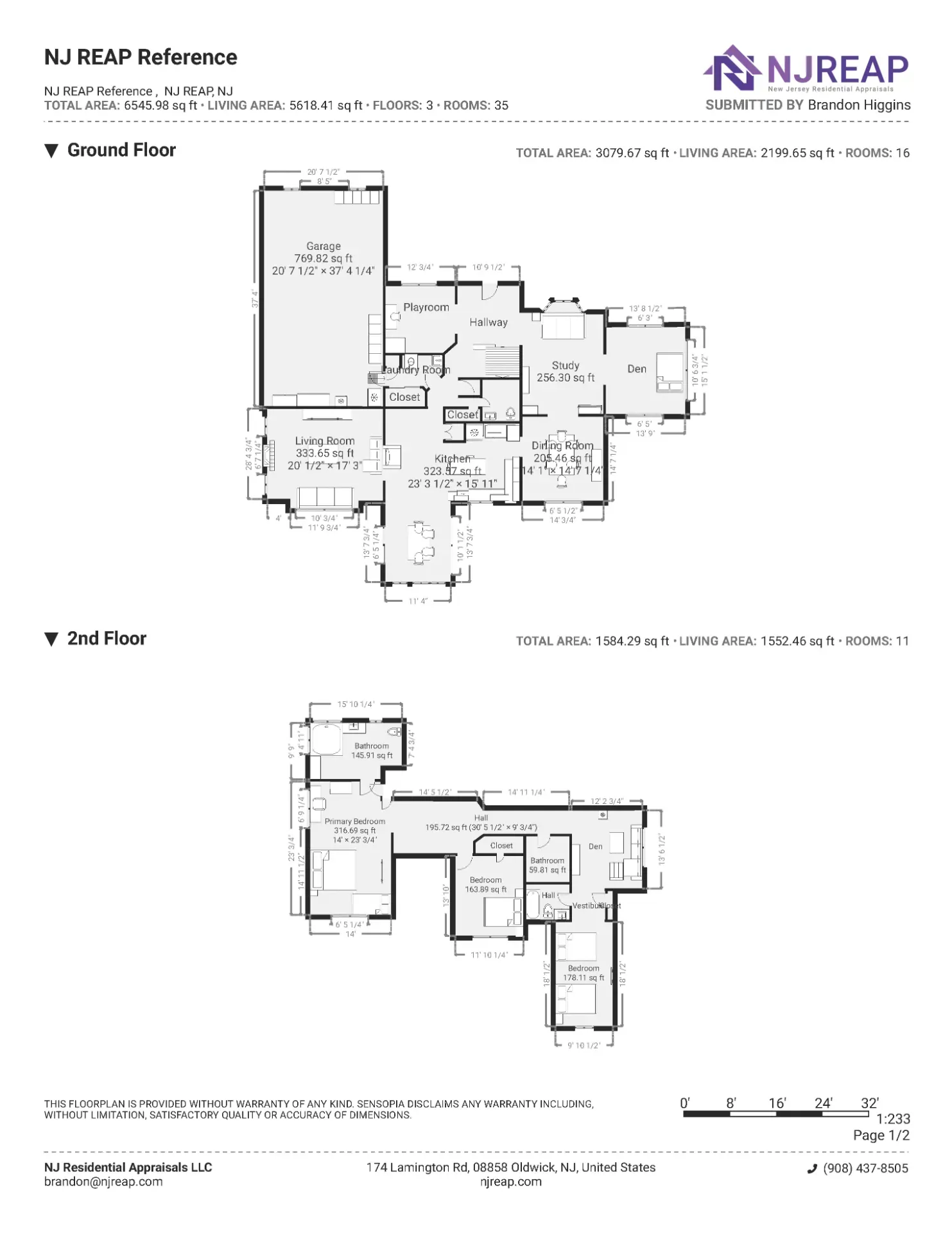 A measured two-story floor plan showing room dimensions, gross living area and a scale bar